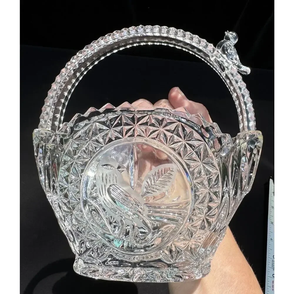 Hofbauer Byrdes Lead Crystal Basket Bird Handle Etched German Glass 6